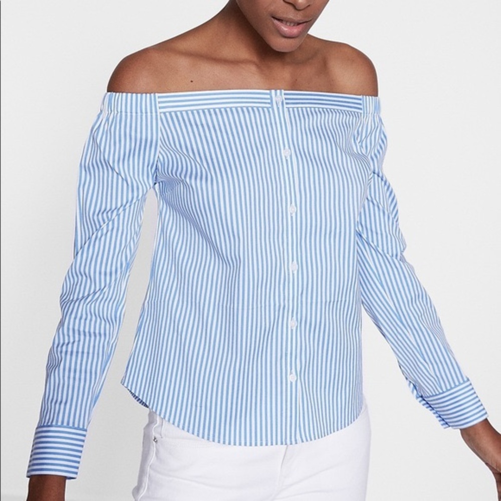 Express Striped Off the Shoulder Button Up